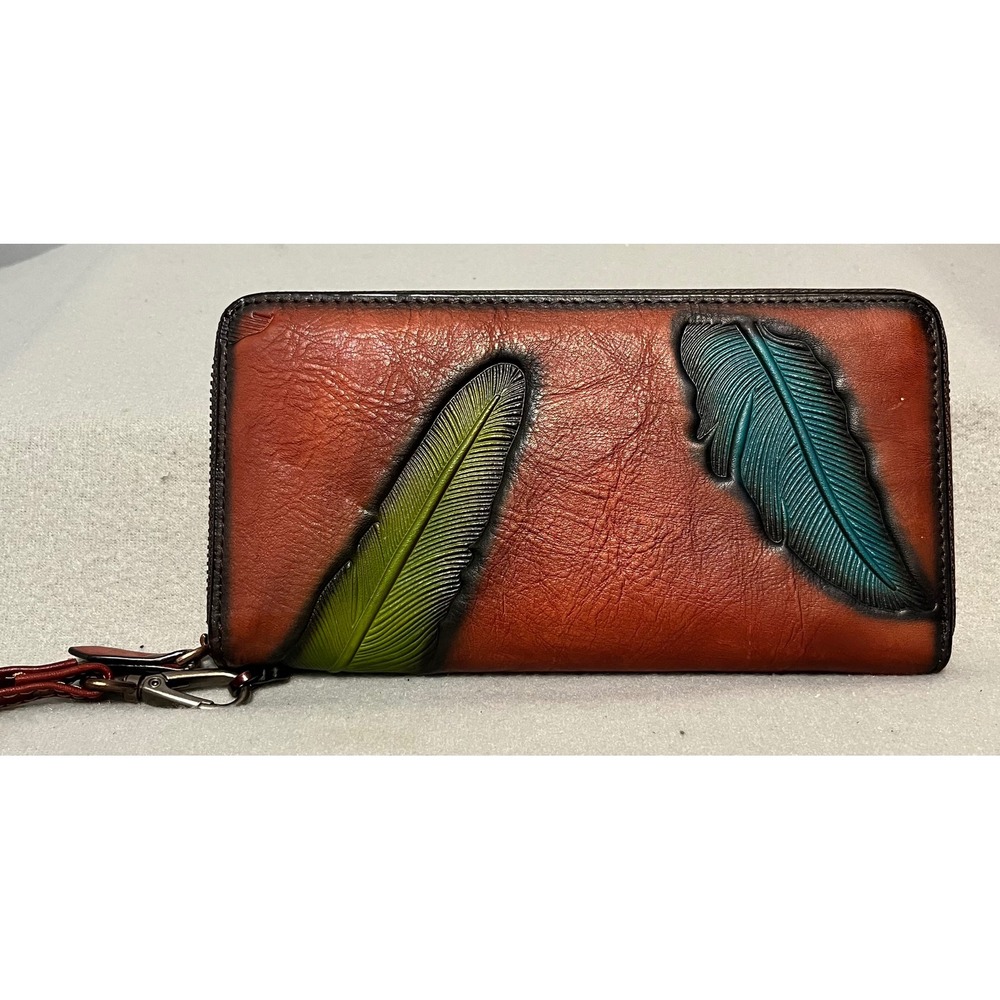 IVTG Leather Wallet Clutch Feather Embossed Zip Around Red Brown Teal Green‎